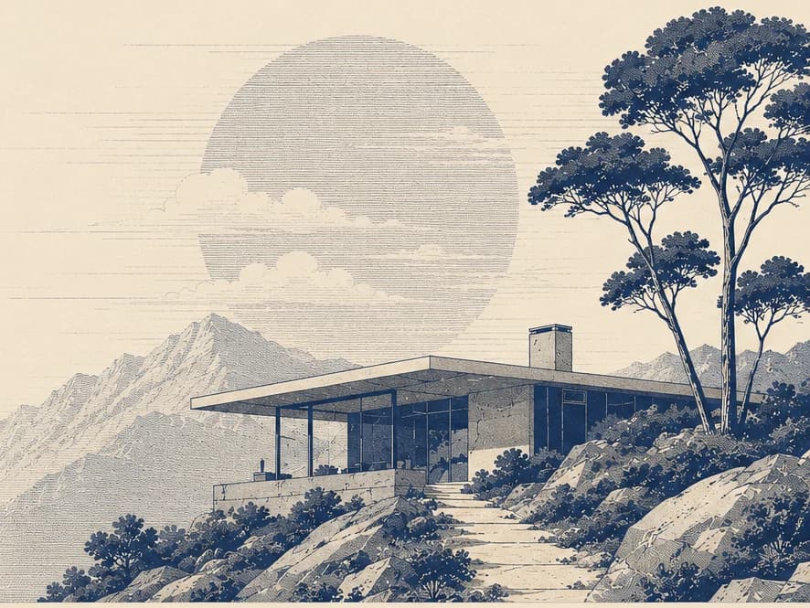 Engraved illustration of a modernist house on a rocky ridge beneath a low sun.