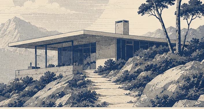 Engraved illustration of a modernist house built into a rocky hillside.